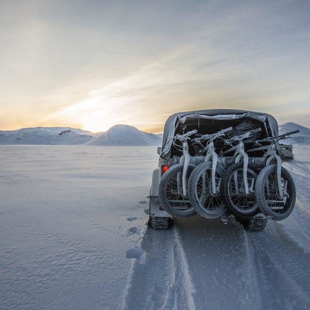 salsa bikes on raceface mat in snow covered glacier in iceland